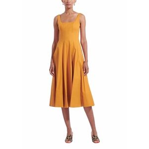 STAUD Wells Midi Dress Honey Orange Pleated Fit & Flare